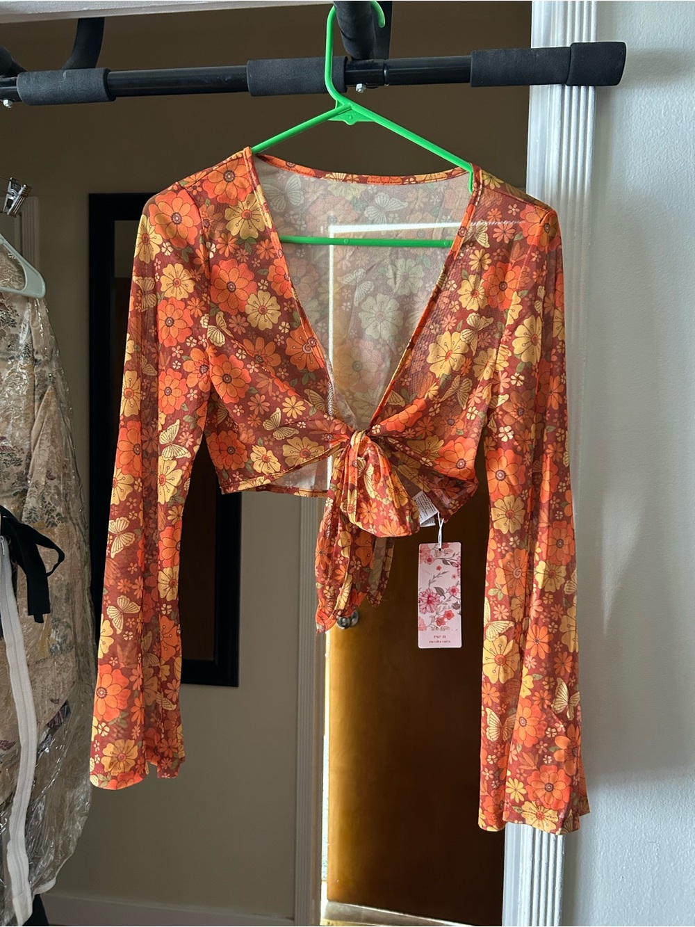 SHEIN Orange and Yellow Floral Tie-Front Crop Top